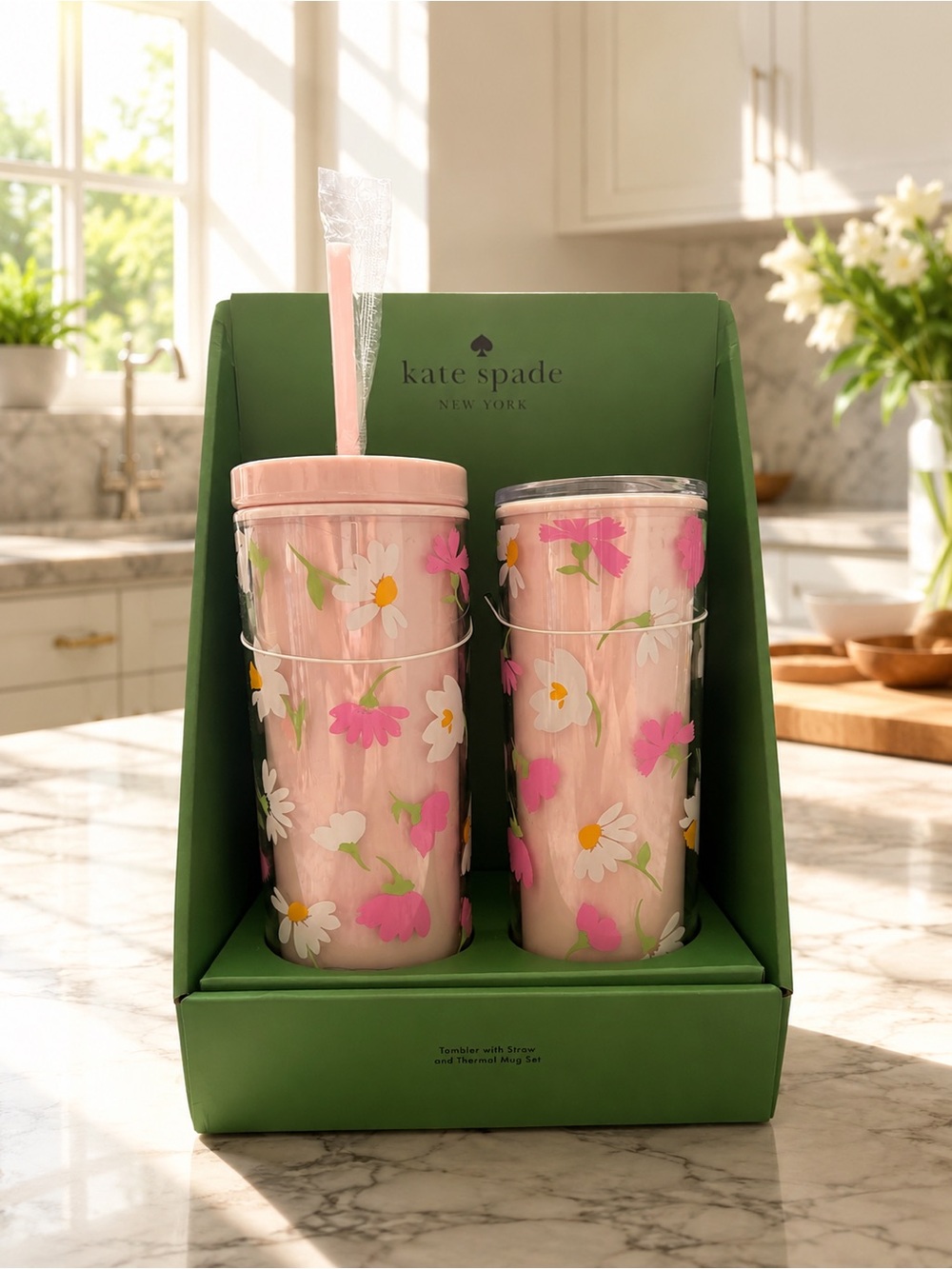 Pink Floral Daisy Duo Tumbler with Straw & Thermal Mug by Kate Spade 🌸